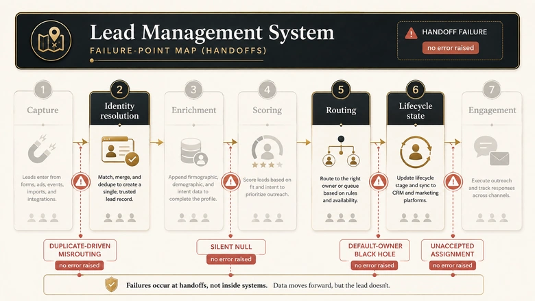 Failure point map showing the four handoff failures between lead management system layers and where each one goes undetected
