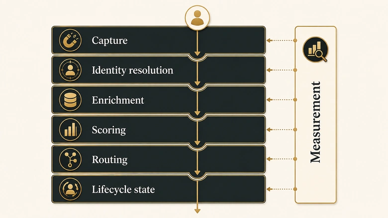 Seven-layer lead management system architecture showing capture, identity resolution, enrichment, scoring, routing, lifecycle and measurement