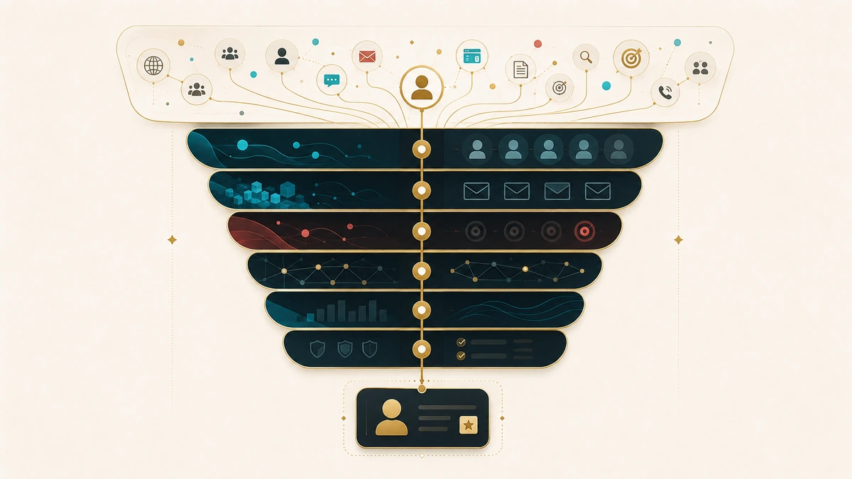 Seven-layer lead management system architecture showing a lead's path from capture down to a single owned sales record