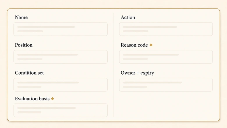 Anatomy of a lead routing rule showing the seven required fields from name and position through reason code and expiry date