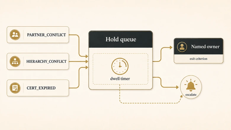 Governed hold queue for lead routing edge cases showing entry reason codes, dwell timer, escalation and written exit criteria