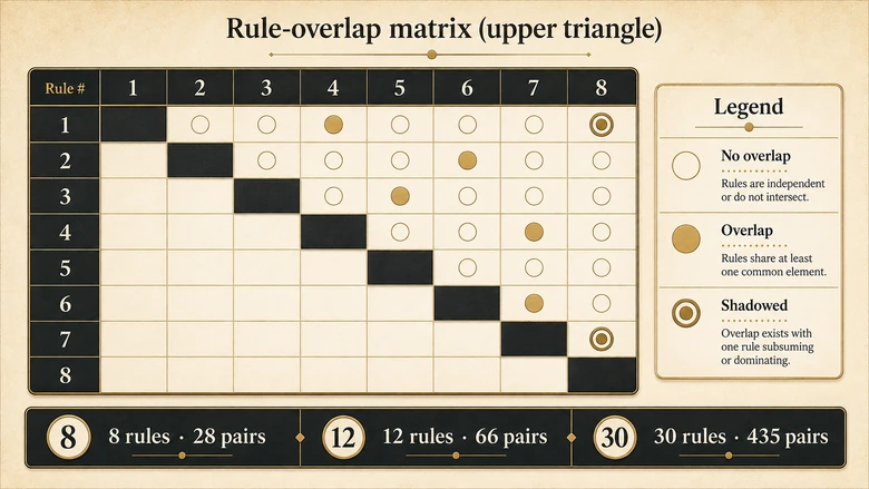 Overlap matrix comparing lead routing rules in pairs to reveal shadowed rules that can never fire under first-match evaluation