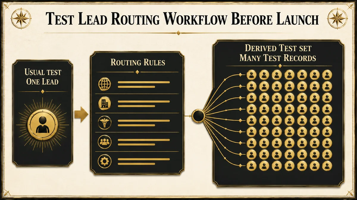 Diagram showing one routing rule table expanding into a much larger set of derived lead routing test cases