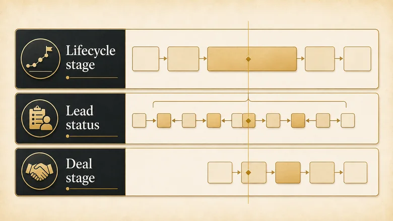 Diagram comparing lifecycle stage, lead status and deal stage as three parallel tracks on a CRM record