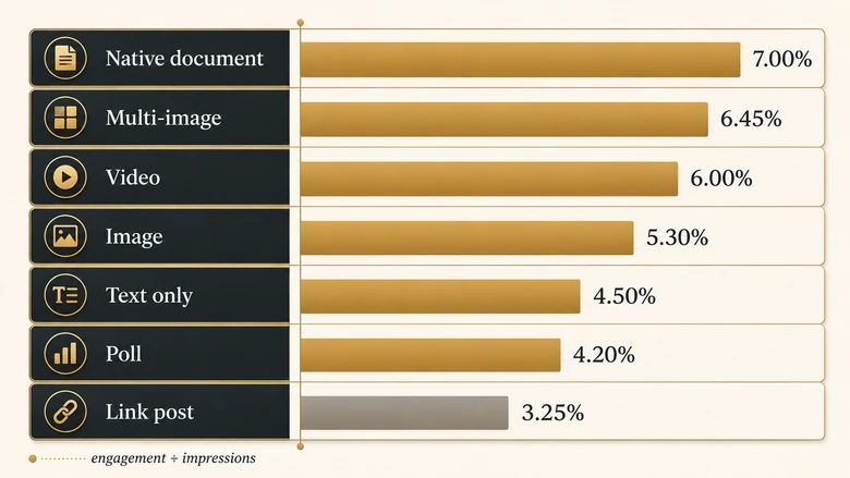 Bar chart of LinkedIn organic engagement rate by post type showing native documents at 7 percent and link posts at 3.25 percent