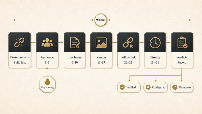The order to run a marketing automation QA pass, from building broken test records through to recording verdicts