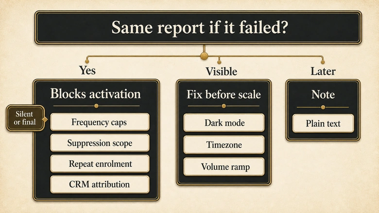 Three severity classes for marketing automation QA findings: blocks activation, fix before scale, and note