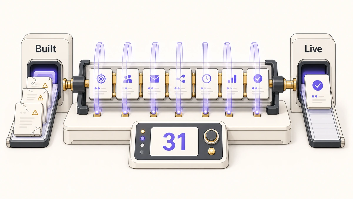 Marketing automation campaign held between Built and Live while seven QA bands inspect 31 launch checks