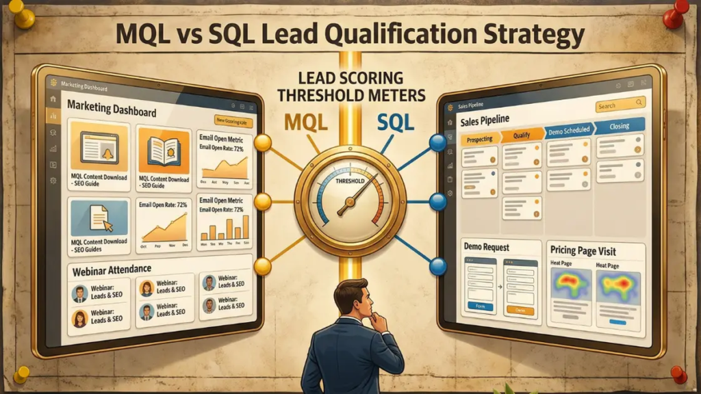 MQL vs SQL lead qualification comparison with marketing and sales dashboards split by scoring threshold
