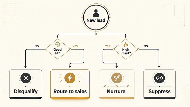 Decision diagram routing a lead to nurture, immediate sales routing, disqualification or suppression based on fit and intent