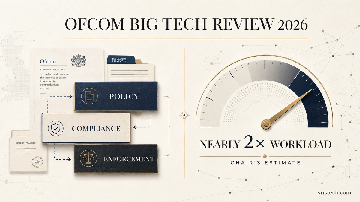 Ofcom big tech review 2026 featured image showing policy, compliance, and enforcement alongside a workload gauge approaching nearly 2x.