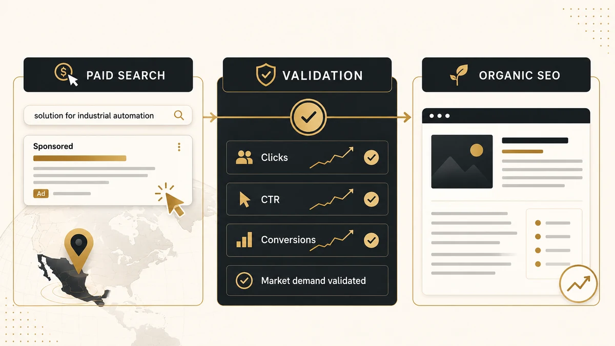 Paid search validation workflow for B2B SEO, showing paid search, validation metrics, and organic SEO in a three-step process for testing a new market.