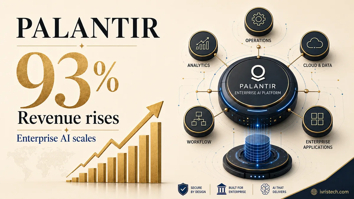 Palantir enterprise AI platform connected to analytics, operations, cloud, workflows, and applications beside a 93% revenue-growth figure.