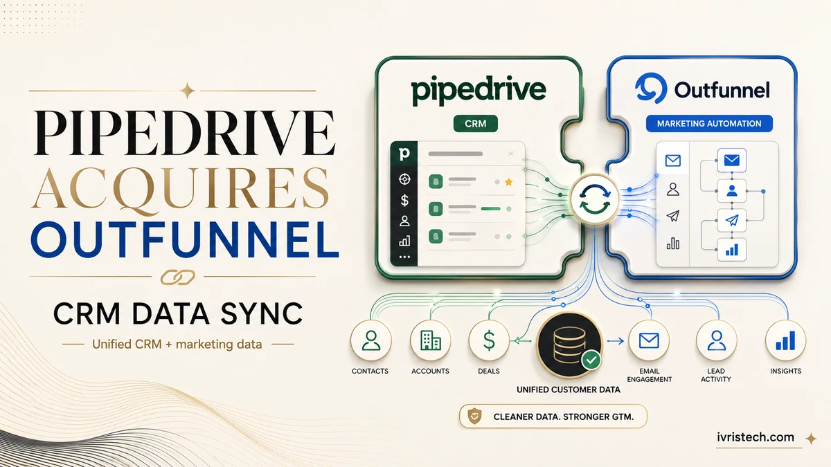 Pipedrive and Outfunnel puzzle-shaped platforms joining CRM and marketing-automation data through a unified synchronization layer.