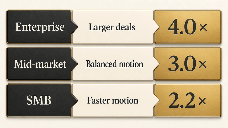 Example pipeline coverage targets of 4.0x for enterprise, 3.0x for mid-market, and 2.2x for SMB.