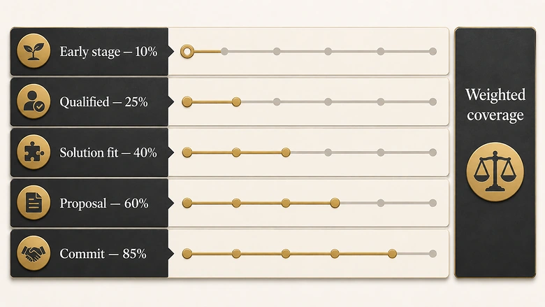 Stage-weighted pipeline coverage showing 10%, 25%, 40%, 60%, and 85% contribution by sales stage.
