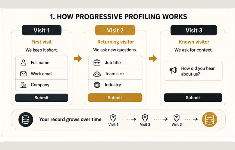 Marketing automation form editor showing progressive profiling enabled with queued fields for returning visitors