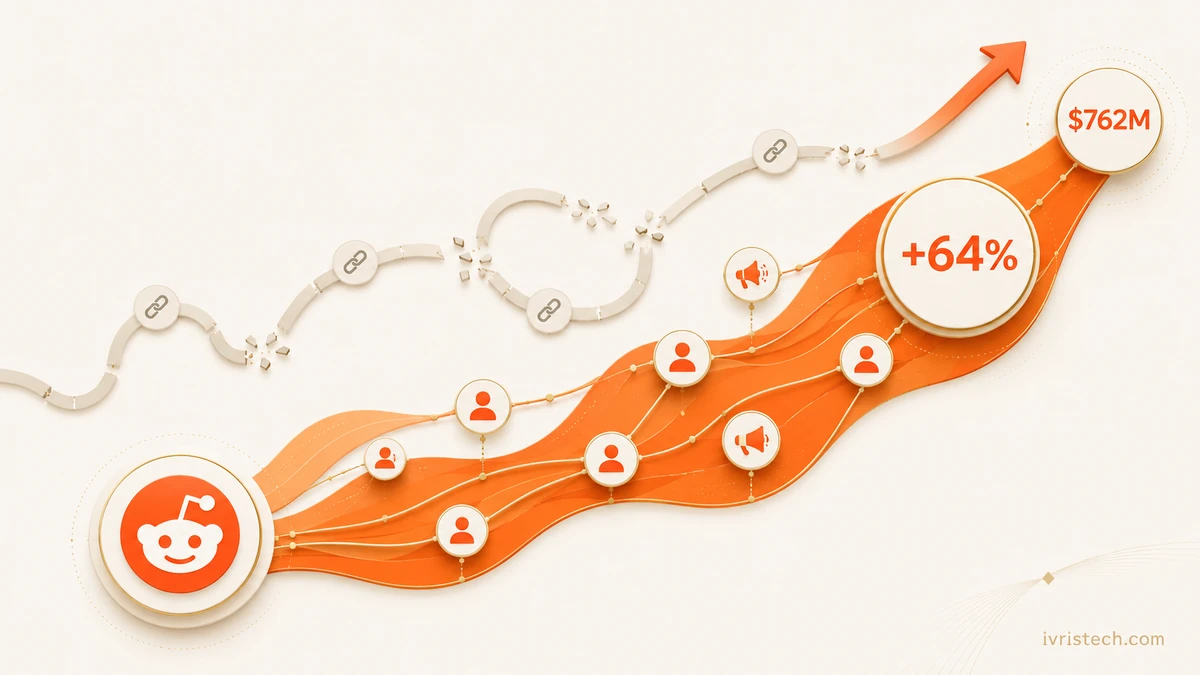 Reddit’s advertising stream rises 64% to $762 million while a separate search-referral path breaks and reconnects, showing traffic volatility.