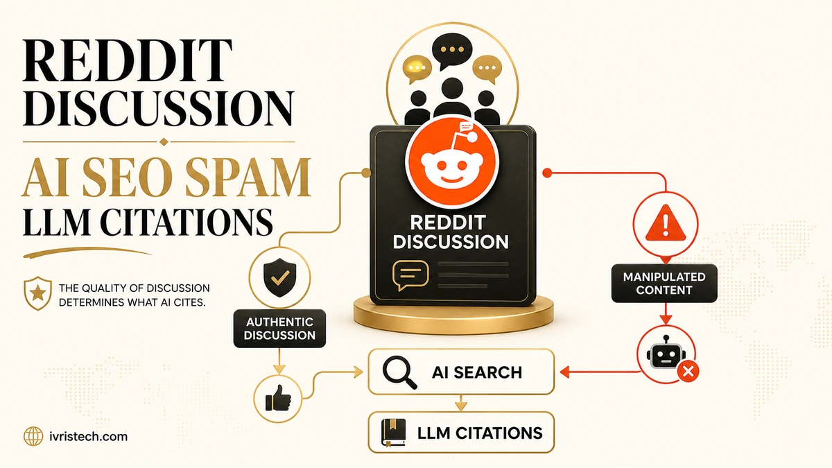 Reddit discussion flows toward AI search and LLM citations while manipulated content is flagged and authentic discussion is approved.