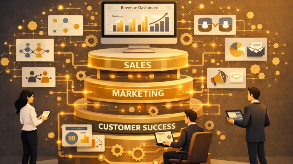 RevOps best practices with unified sales, marketing, and CS layers connected by golden data flows