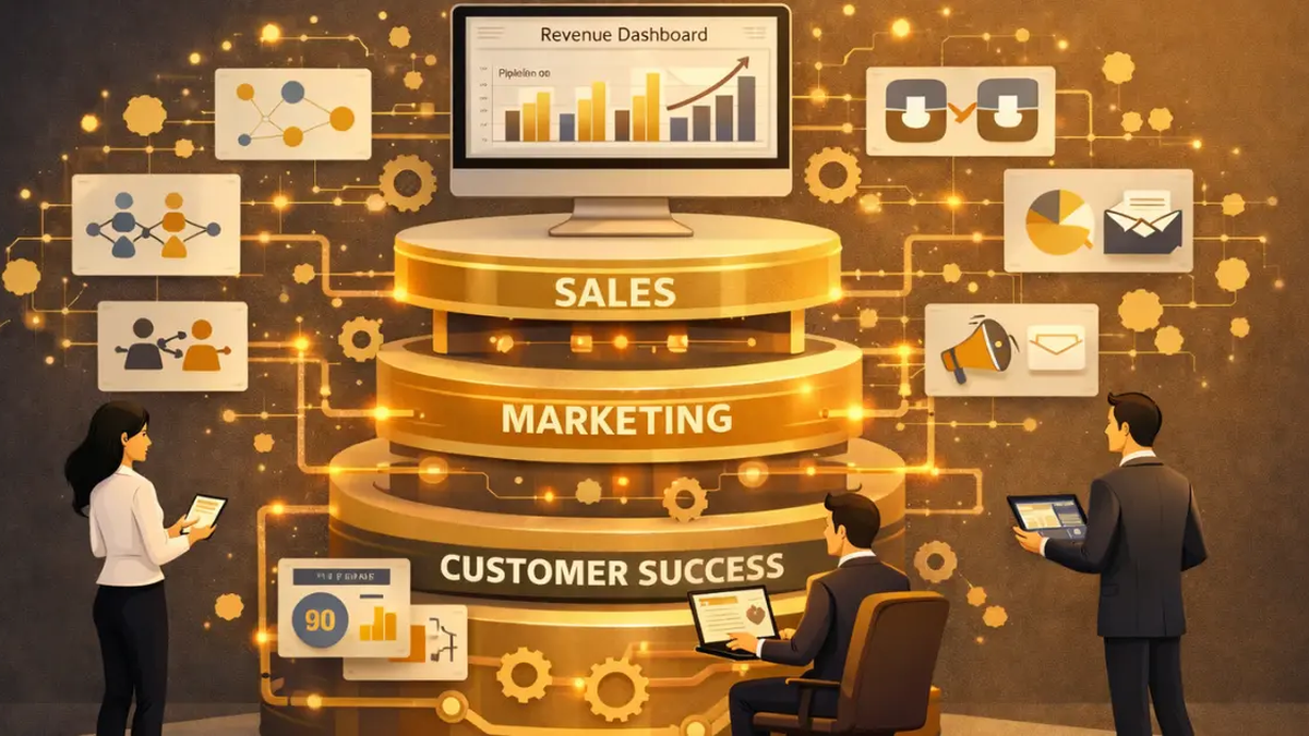 RevOps best practices with unified sales, marketing, and CS layers connected by golden data flows