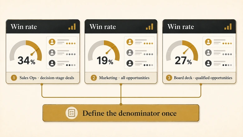 Three RevOps dashboards reporting different win rates from the same CRM because each uses a different denominator