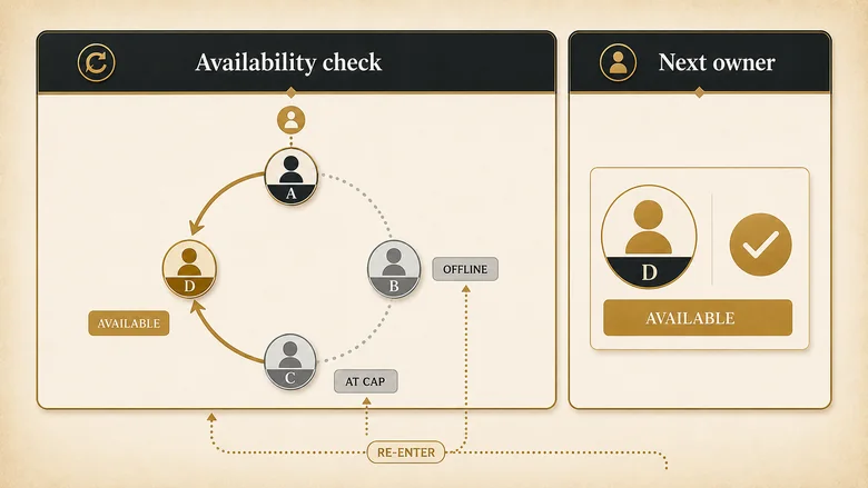 Availability-aware round robin skipping an offline rep and a capped rep, then re-seating them when they return