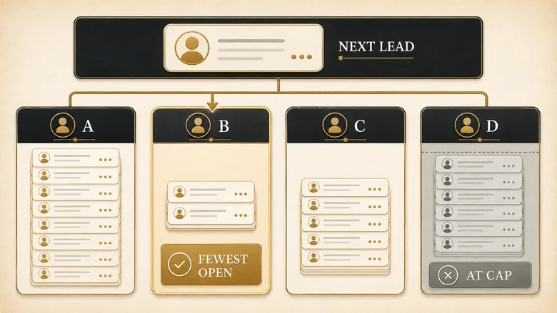 Capacity-based round robin sending the next lead to the rep with the shortest stack of open leads