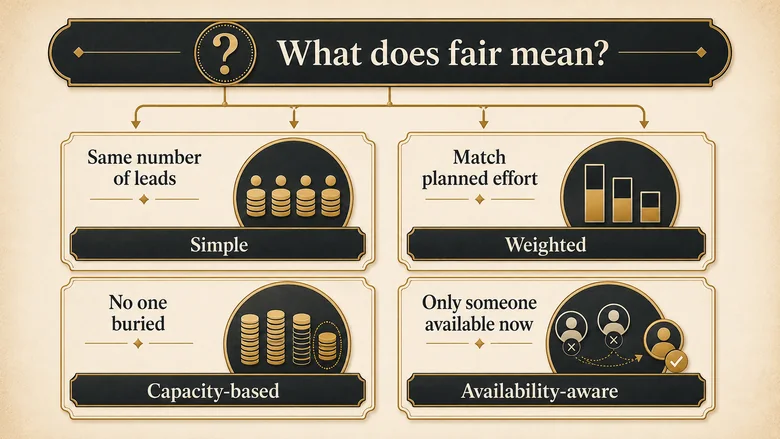 Decision flowchart choosing between simple, weighted, capacity-based and availability-aware round robin based on what fair means for the team