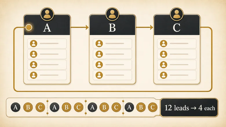 Simple round robin rotation assigning leads in a fixed A, B, C order with the pointer advancing one position per lead