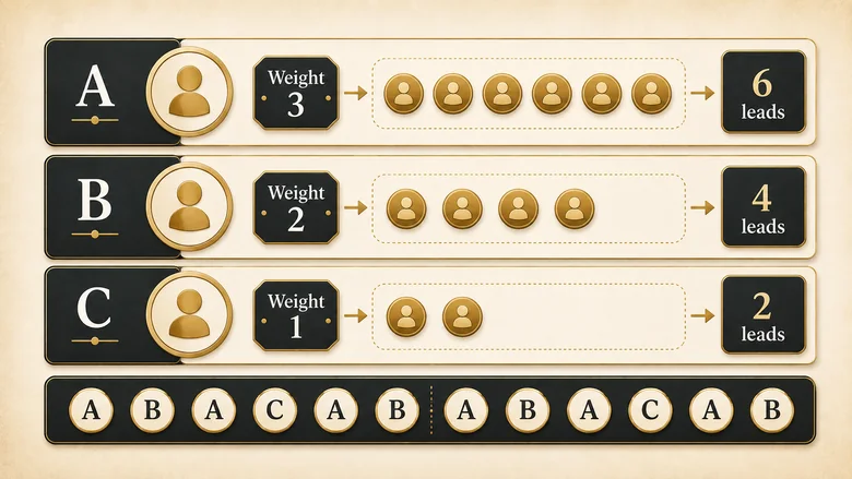 Weighted round robin dealing leads to three reps in a 3 to 2 to 1 ratio through an interleaved sequence