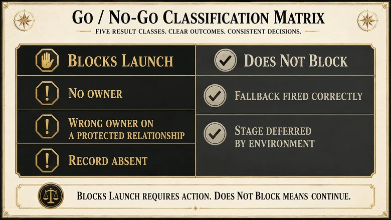 Matrix classifying which lead routing test results block a launch and which are recorded as flags or deferred