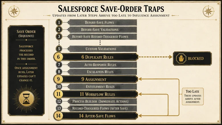 Salesforce save order diagram showing duplicate rules blocking before assignment and field updates arriving after assignment
