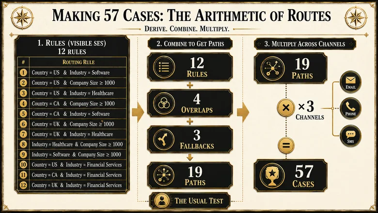 Derivation diagram showing twelve routing rules and overlaps expanding to fifty-seven required lead routing test cases