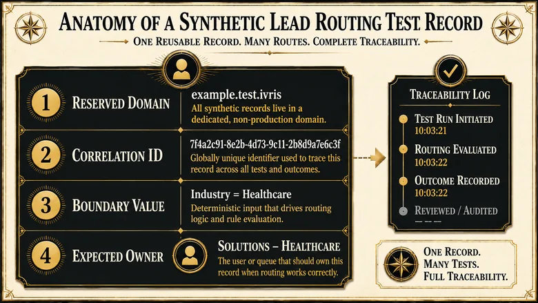 Anatomy of a synthetic lead routing test record showing reserved domain, correlation ID, boundary value and expected owner