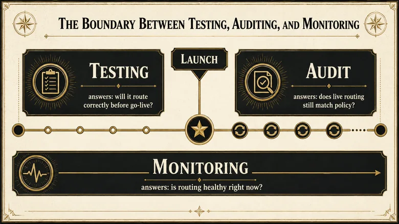 Timeline showing lead routing testing before launch, routing audits on a cadence after launch, and continuous monitoring
