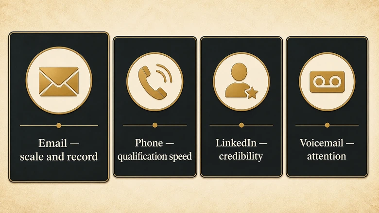 Chart mapping sales cadence channels to their jobs: email for scale and record, phone for qualification, LinkedIn for credibility, voicemail for attention
