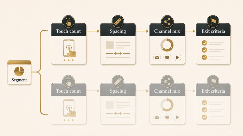 Diagram of the five sales cadence design decisions: touch count, spacing, channel mix, exit criteria and segment variation
