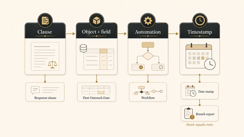 Enforcement map showing how a sales and marketing SLA clause connects to a CRM field, automation and timestamp