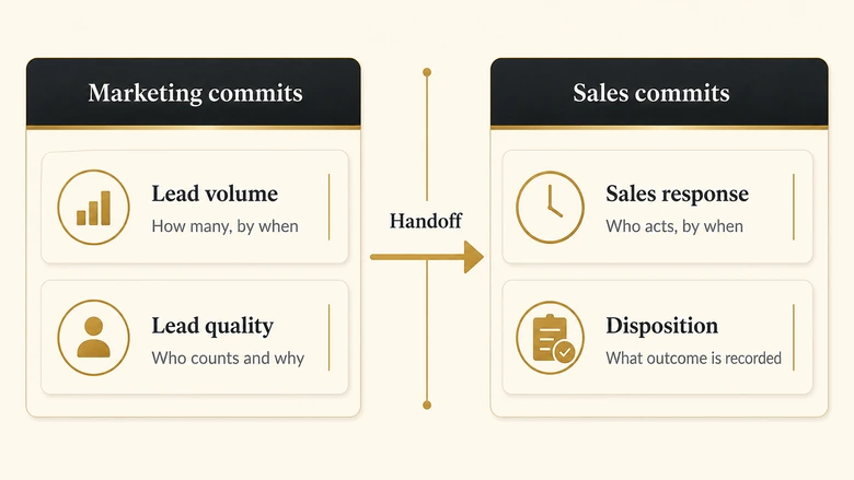 Diagram of the four clause types in a sales and marketing SLA split across marketing and sales ownership