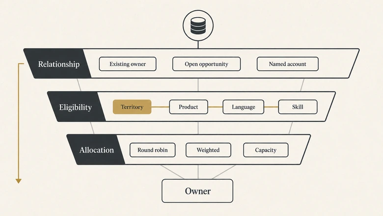 Diagram showing sales territory management as an eligibility layer inside a lead routing pipeline, above allocation