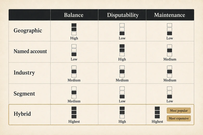 Comparison grid of five sales territory management models scored on balance, disputability and maintenance cost