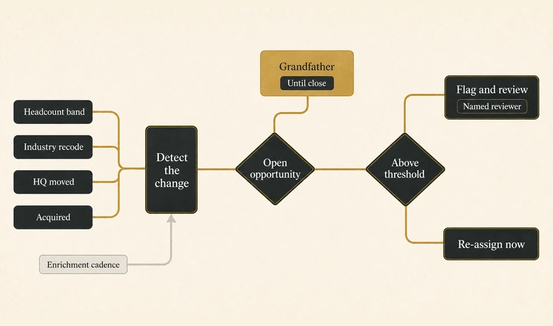 Decision flow for reassigning sales territory ownership when account firmographics change after assignment