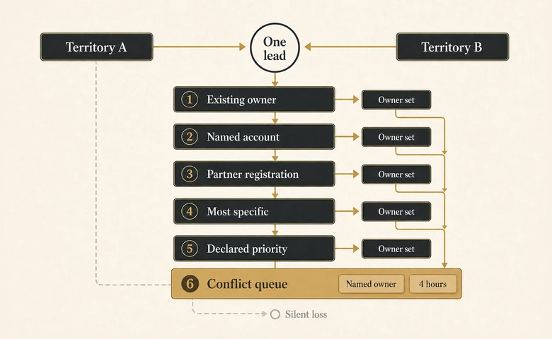 Flow diagram of two sales territories claiming the same lead and the precedence order that breaks the tie