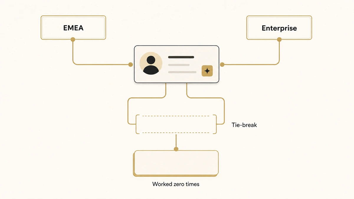 Two overlapping sales territories both claiming one lead record, with a single ownership decision path resolving the conflict