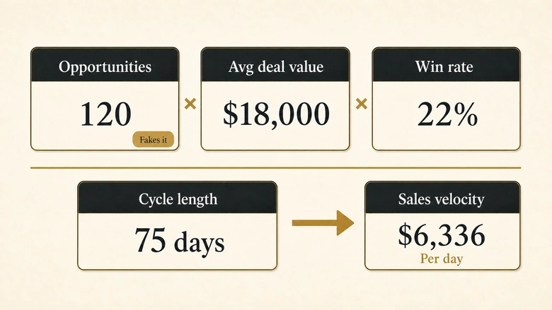 Worked sales velocity formula: 120 opportunities times $18,000 times 22%, divided by 75 days, equals $6,336 per day