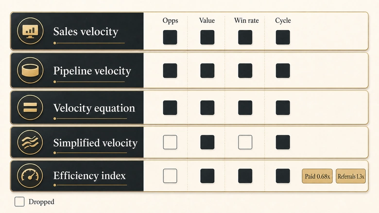 Sales velocity naming map showing which inputs five formula variants include or drop