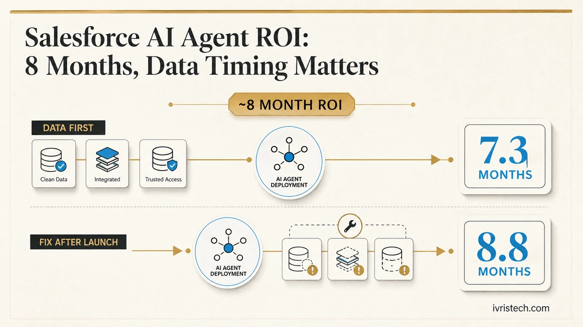 Salesforce AI agent ROI comparison showing 7.3 months with data prepared first versus 8.8 months when data gaps are fixed after launch