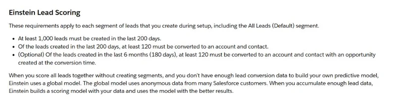 Salesforce help documentation showing Einstein Lead Scoring data requirements and the global model fallback