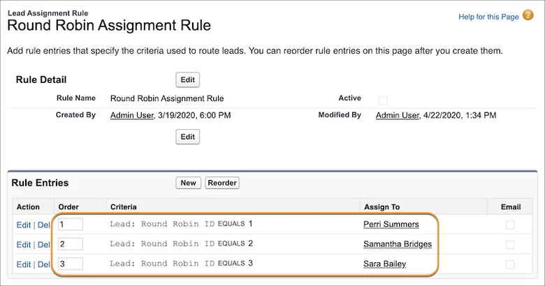 Salesforce lead assignment rule setup screen showing the numbered Order column that controls which rule entry is evaluated first